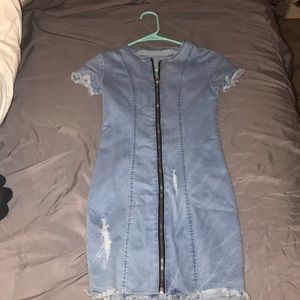 Denim short sleeve zip up dress